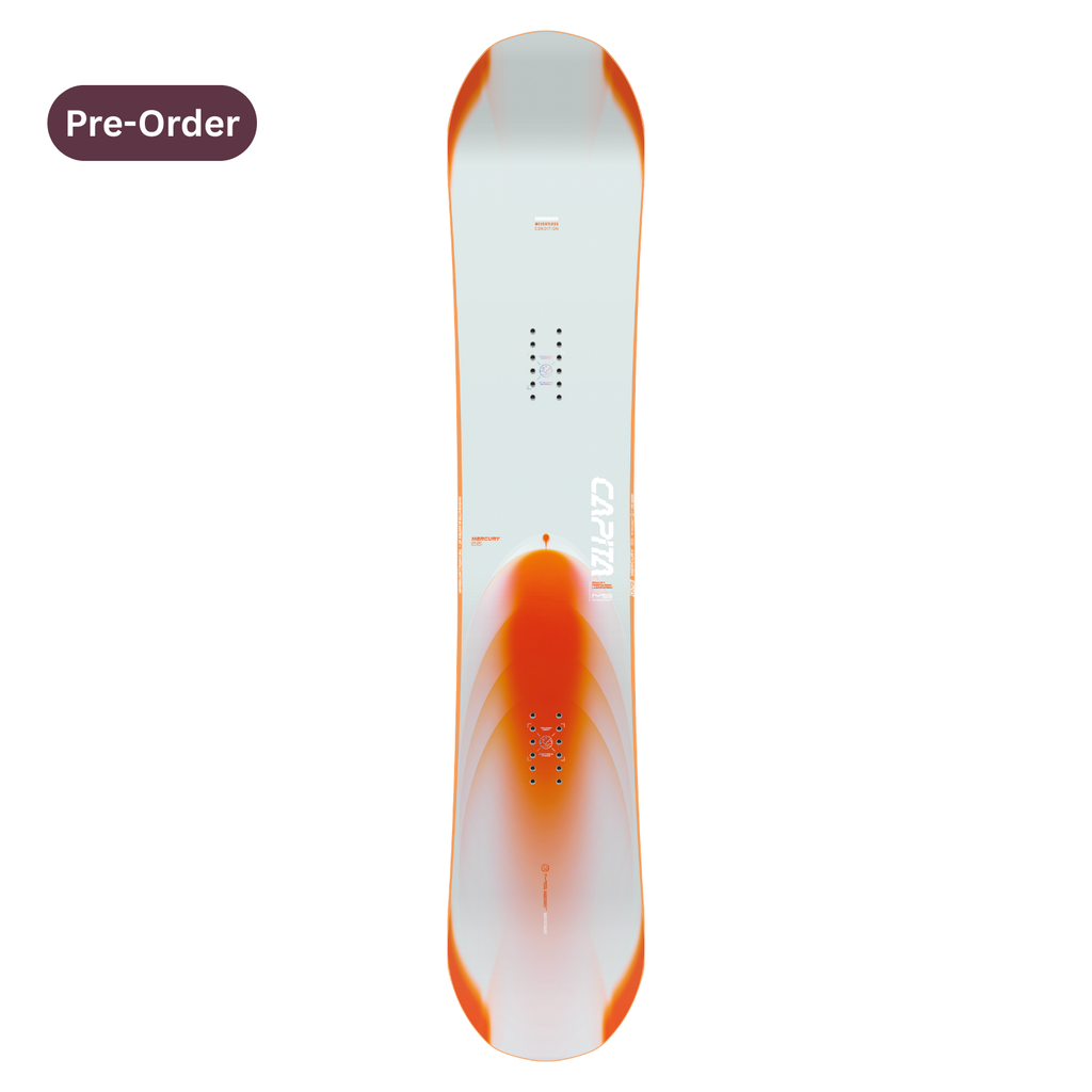 Steve's snow store Wollongong - Orange and white snowboard deck with 'Capita' branding on a white background