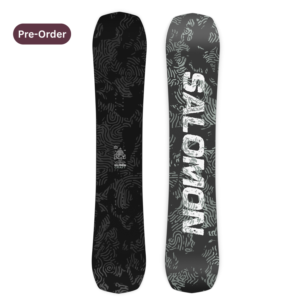 Steve's Snow Store Wollongong - Black snowboard with white pattern and 'Salomon' branding on a white background