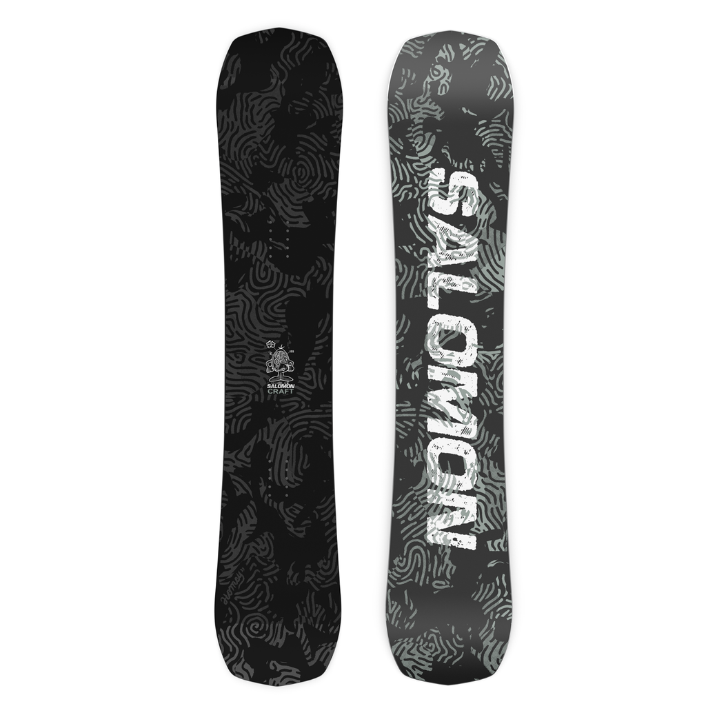Steve's Snow Store Wollongong - Black snowboard with white pattern and 'Salomon' branding on a white background