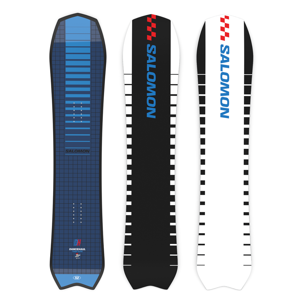 Steve's Snow store Wollongong -Salomon snowboard with blue and black design on a white background