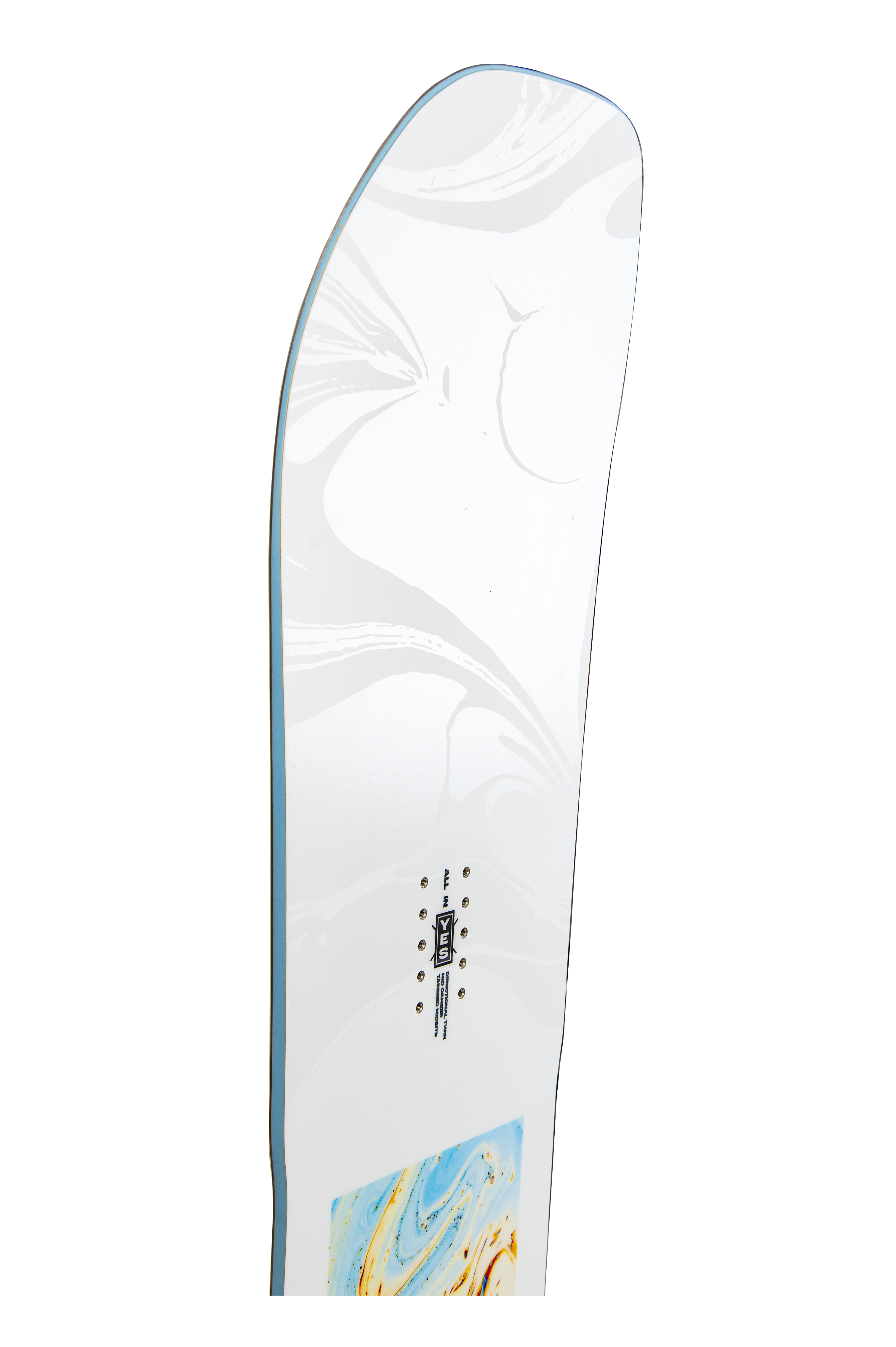 Steve's snow store Wollongong - White snowboard with blue and gold design on a white background